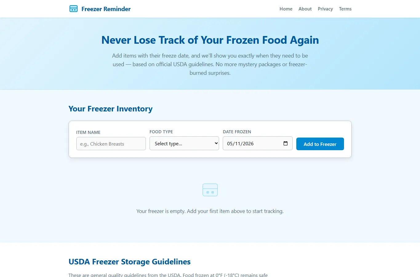 Screenshot of Freezer Inventory Reminder interface showing the project page in use